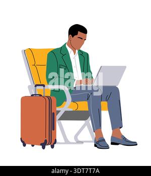 African american man traveler working on laptop  Stock Vector