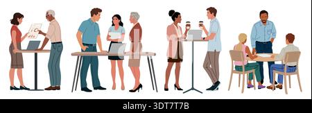 Small work groups collaborating around a table  Stock Vector