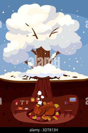 Winter tree snow white, cute Bear is sleeping in a burrow, hole Stock Vector