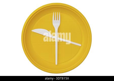 Disposable yellow plastic plate and white fork with knife, isolated on white background Stock Photo