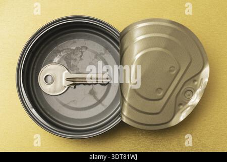 Opened tin can with a door key inside. Conceptual image Stock Photo