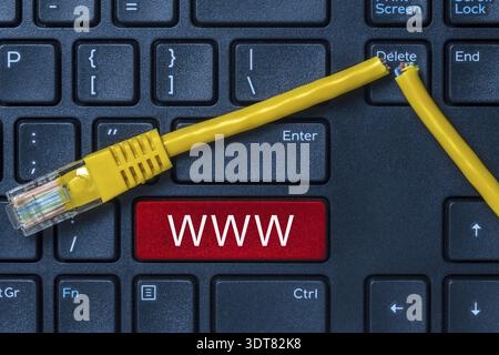Internet or online concept with www on computer keyboard and cut internet cable. Internet censorship and interruption Stock Photo