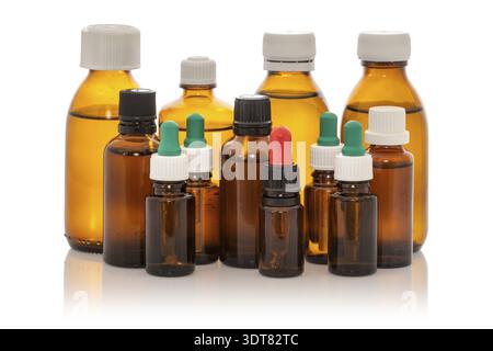 Set collection row of various brown medicine bottles without labels, isolated on white background Stock Photo