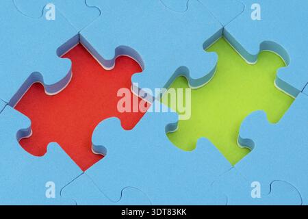 Missing red and green puzzle pieces. Make a right choise or decision Stock Photo