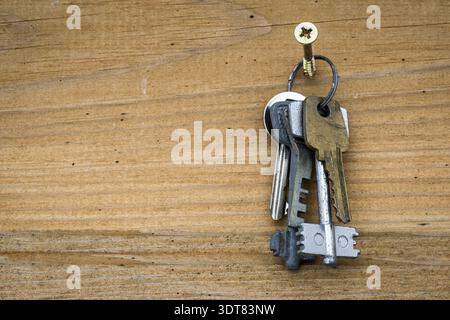 Bunch of keys hanging on the wooden wall Stock Photo