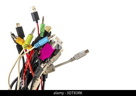 A lot of different computer cables and plugs isolated on white Stock Photo