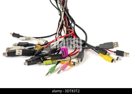 Close-up shot of bundle of various colored cables with various connectors suitable for different ports Stock Photo
