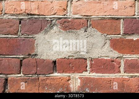 Messy red brown old shabby uneven brick wall background texture Stock Photo