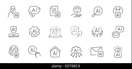 Artificial intelligence line icons set with chatbot, automation, robotics and digital technology concepts Stock Vector