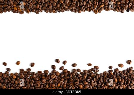 Dynamic horizontal frames with naturally scattered coffee beans on white background for artisanal cafe menus and posters. Stock Photo