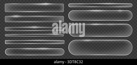 Glasmorphism liquid button frames, Glass texture geometric rectangular and round shapes, Blurred glass effect with glare Stock Vector