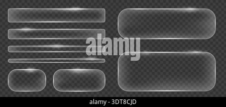 Glasmorphism liquid button frames, Glass texture geometric rectangular and round shapes, Blurred glass effect with glare Stock Vector