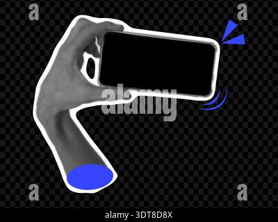 Trendy halftone hands holding phone collage. Pop art retro vintage style. Social media communication. Blank space empty frame for quote, plan and idea. Vector illustration Stock Vector