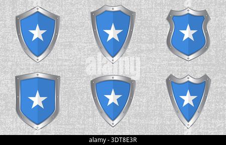 Vector set of metal shields with the Somali flag and shadow Stock Vector