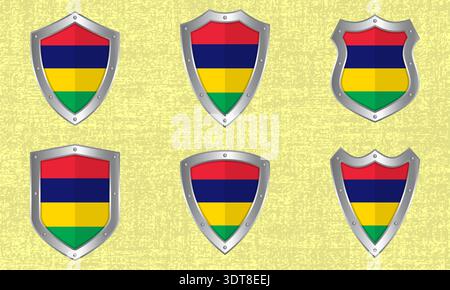 Vector set of metal shields with the Mauritius flag and shadow Stock Vector