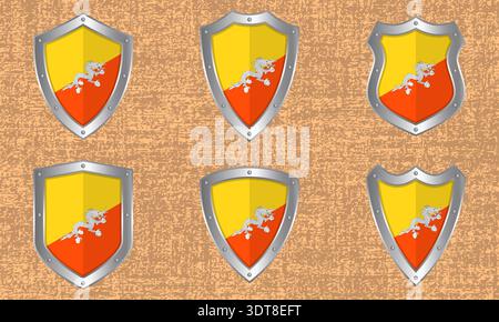 Vector set of metal shields with the Bhutanese flag and shadow Stock Vector