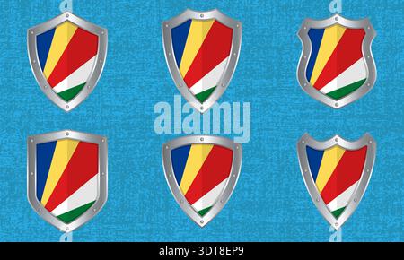 Vector set of metal shields with the Seychelles flag and shadow Stock Vector