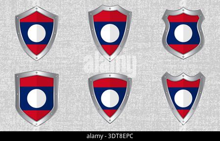 Vector set of metal shields with the Laos flag and shadow Stock Vector
