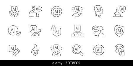 Artificial intelligence line icons set with security, analytics, automation and human interaction concepts Stock Vector