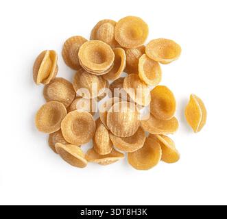 Heap of whole wheat orecchiette pasta isolated on a white background Stock Photo