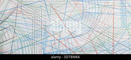 Overlapping colorful lines on white paper representing tailoring blueprints Stock Photo
