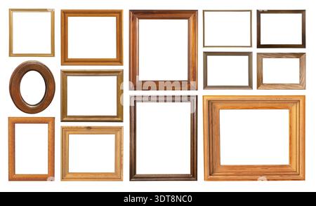 Many empty wooden frames of various sizes and shapes on a transparent background Stock Photo