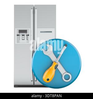 Refrigerator with repair and service icon. 3D rendering isolated on white background Stock Photo