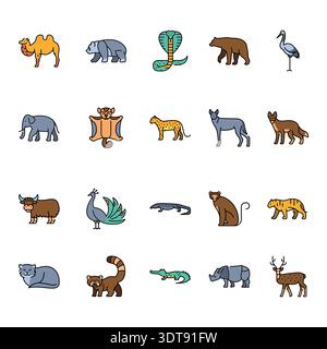 Asian animals color line icons set for digital and print projects. Minimal clean icons for apps and websites. Modern simple icons for UI UX and brandi Stock Vector