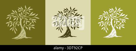 Hand draw abstract Olive tree. Organic nature symbol. Tree branch with leaves signs. Natural plant design elements emblems in vintage style. Vector Stock Vector