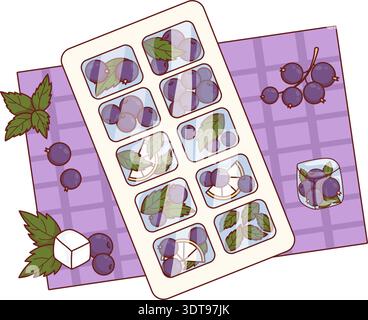 Black Currant Ice Cube Tray with Mint Leaves on Checkered Napkin Top View. Berry Fruit Ice Cubes for Cooling Drinks, Cocktail ingredients. Vector Illu Stock Vector