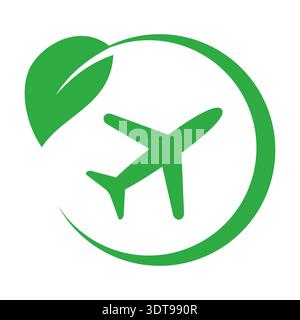 Green aviation concept with leaf and airplane in circle. Sustainable air travel, eco friendly aviation industry, carbon reduction. Vector Stock Vector