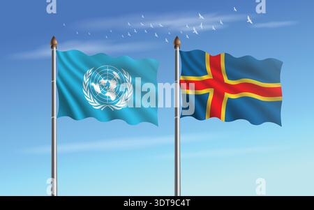 United Nations and Aland Islands table flags relation with sky backgrund Stock Vector