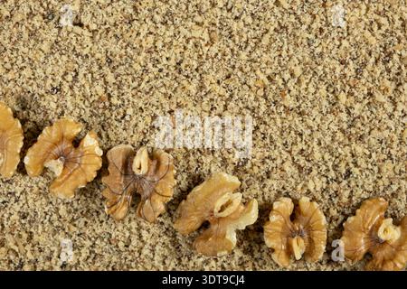 Walnut halves on ground walnut kernels background top view place for text. Stock Photo