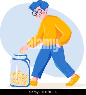 Hand-drawn vector illustration of man in yellow sweater and blue jeans putting coins into transparent jar. Perfect visual concept for saving money, financial planning, and savings-themed content Stock Vector