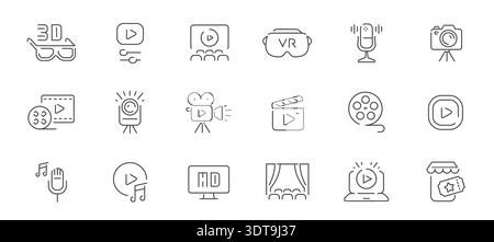 Media and video production line icons set. Cinema, streaming, VR, audio, film equipment vector collection Stock Vector