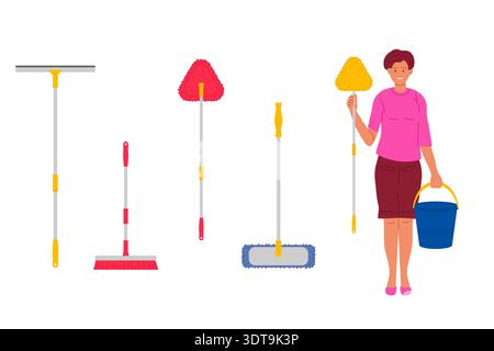 Various mops to choose from. Woman in home clothes going to cleaning with mop. Concept of cleanliness in house Stock Vector