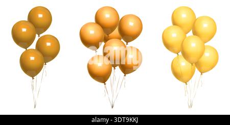 Golden balloon bday bunch, 3d birthday balls float on ribbon. Beige minimal vector balons on thin string, happy anniversary party decor mockup. Air Stock Vector
