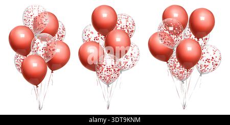 Balloon confetti bunch float, 3d red birthday gift mockup. String bound realistic vector element for invitation, round party icon set. Set of Stock Vector