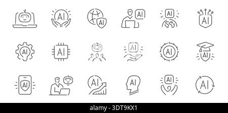 Artificial intelligence line icons set. AI technology, machine learning, cybersecurity and automation vector collection Stock Vector