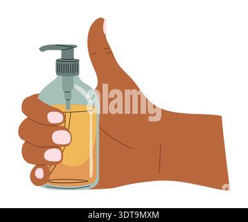 Brown hand holding a clear pump bottle Stock Vector