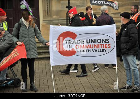 ALLOA, SCOTLAND – February 21st, 2026: Protesters seen getting ready for march.  Protesters gather and march from Alloa Town Hall to Forth Valley College Alloa Campus during the "March for Alloa Campus" rally. The event, supported by EIS (Educational Institute of Scotland), GMB, and UNISON unions, opposes potential campus closure amid severe Scottish further education funding cuts and rising costs. Speakers included FVC Principal Kenny MacInnes, MSPs Keith Brown and Richard Leonard, MP Brian Leishman, and union representatives. Stock Photo