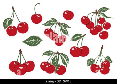 Set of vibrant red cherries with green leaves Stock Vector