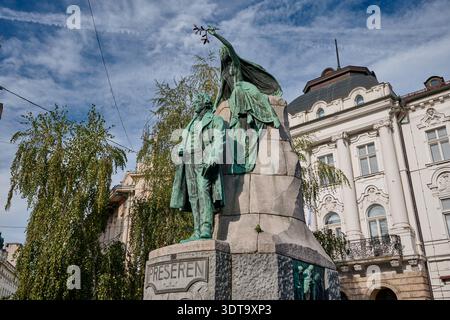 The Prešeren  Monumento on Preseren square, Ljubljana, Slovenia, Europe Stock Photo