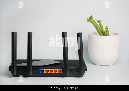 Black wireless router providing network technology for internet connection, placed next to a succulent plant in a minimalist interior. Stock Photo