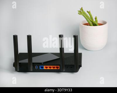 Black wireless router providing network technology for internet connection, placed next to a succulent plant in a minimalist interior. Stock Photo