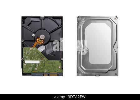 Front and back view of hard disk drive showing metal cover and internal components isolated on white background Stock Photo
