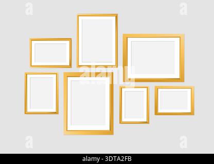 Realistic Gold Photo Frame collection isolated on white background. Realistic rectangle frames mockup for kid, family or memories. Scrapbook concept Stock Vector