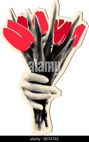 Halftone hands holding tulips cut out vector illustration Stock Vector