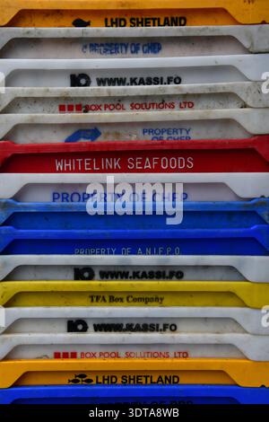 Fish boxes at Bridlington Harbour Stock Photo