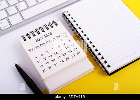 High angle view of notepad and May 2026 Calendar Flat Lay Stock Photo